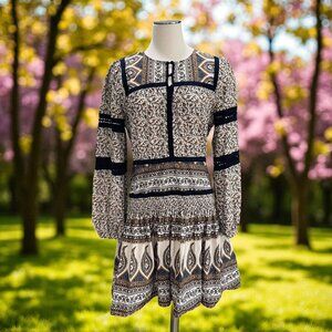 Sea New York Boho Peasant Dress Floral Cotton Long Sleeve Mini Sz 12 Cottagecore